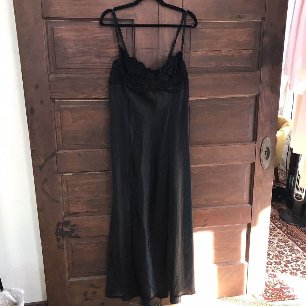 Vintage 80s Intimate Attitudes Black Satin Lace Bodice Nightgown Lingerie 2XL